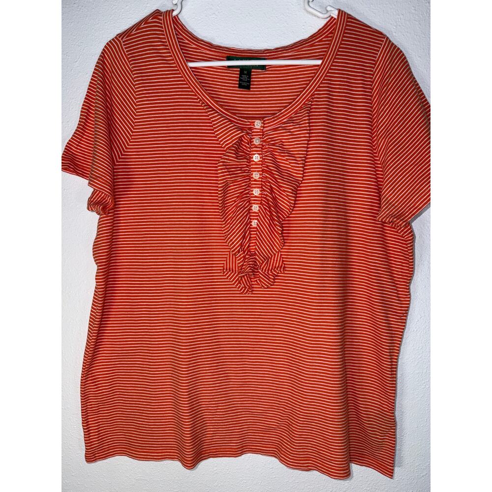 RALPH LAUREN Orange Striped Short Sleeve Ruffle Tee 100% Cotton Womens Sz 1X